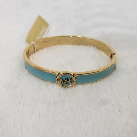 286- MICHAEL Michael Kors Haute Gold Tone AQUA Enamel Bangle Bracelet NWT - Picture 6 of 12